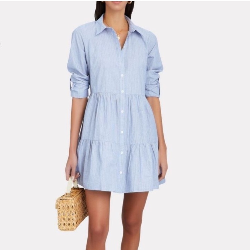 Veronica Beard Powder Blue Striped Tiered Mini Shirt Dress